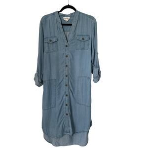 For The Republic Shirt Dress Womens Size L Chambray Tencel Button Front Midi